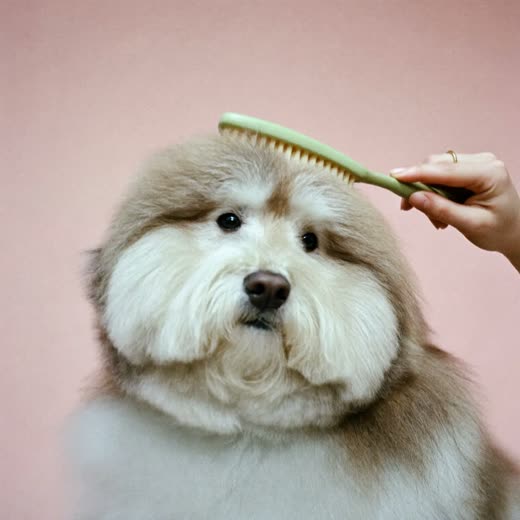 A long-coated dog being brushed out