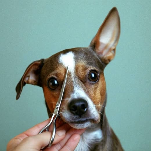 A small dog having its face trimmed with grooming scissors